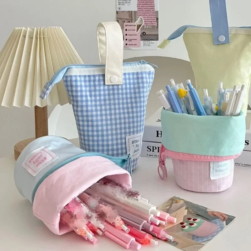 

Korean Ins Cute Macaron Color Bucket Pencil Case Girl Kawaii Large Capacity Stationery Storage Bag Creative Standi Makeup Pouch