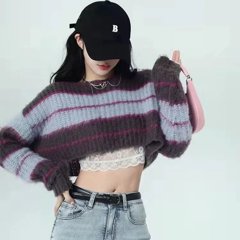 

GIDYQ Vintage Striped Knitted Sweater Women Sexy Cropped Casual Pullovers Female Y2K Harajuku Long Sleeve Punk Jumpers Tops