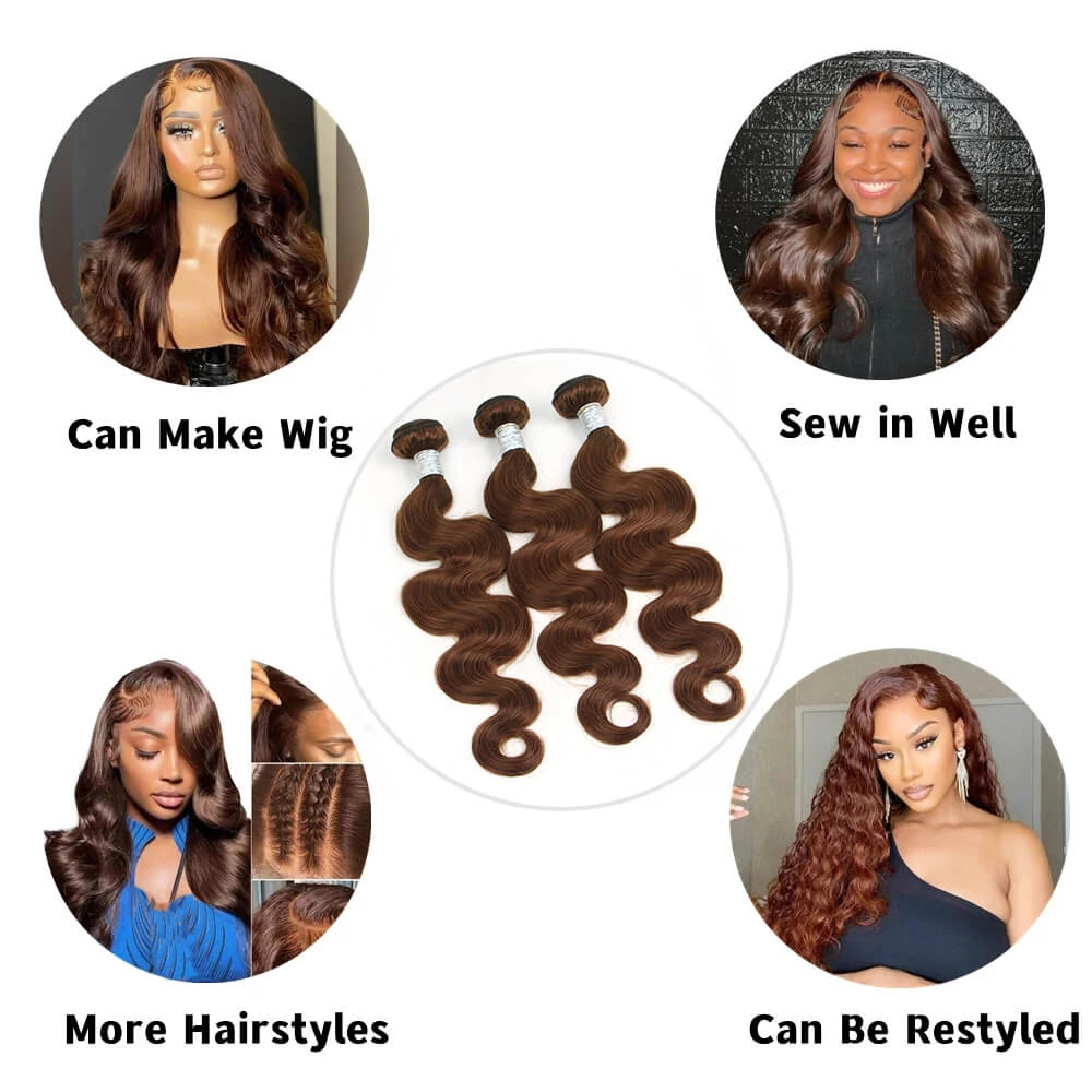 Human Hair Bundles 10-32" Chestnut Colored Body Wave Hair Weave Bundle 1/3 PCS Human Hair Weaving #4 Chocolate Brown Remy Extensions For Women
