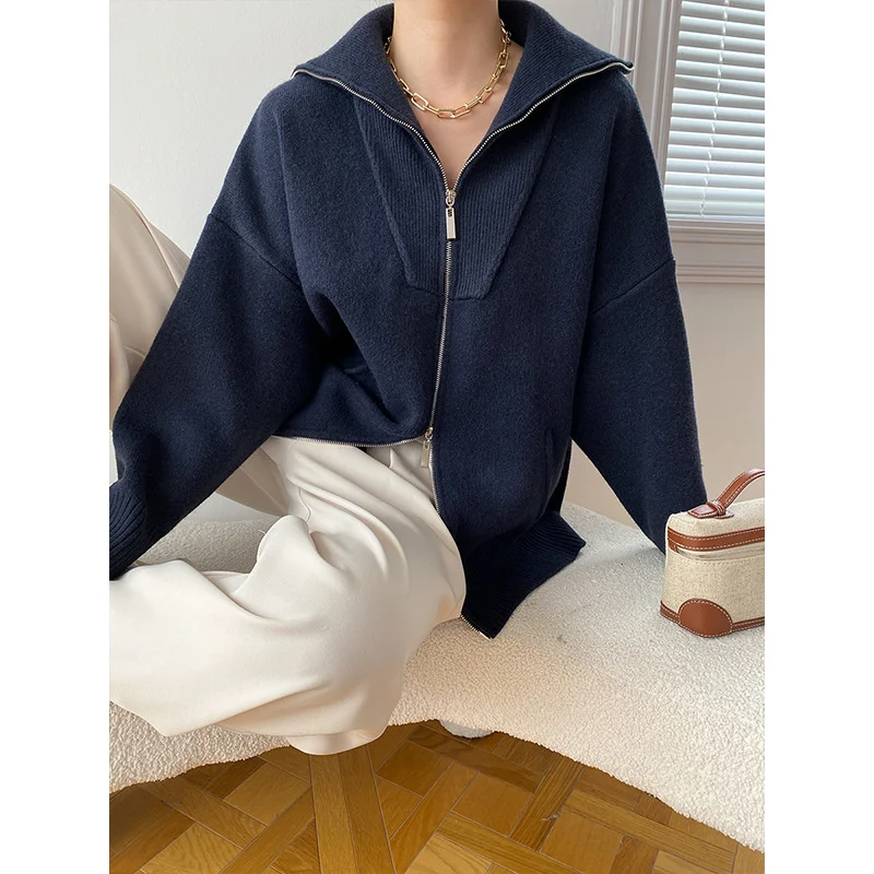 Double Zipper Fit Loose Polo's Collared Oversized Knitted