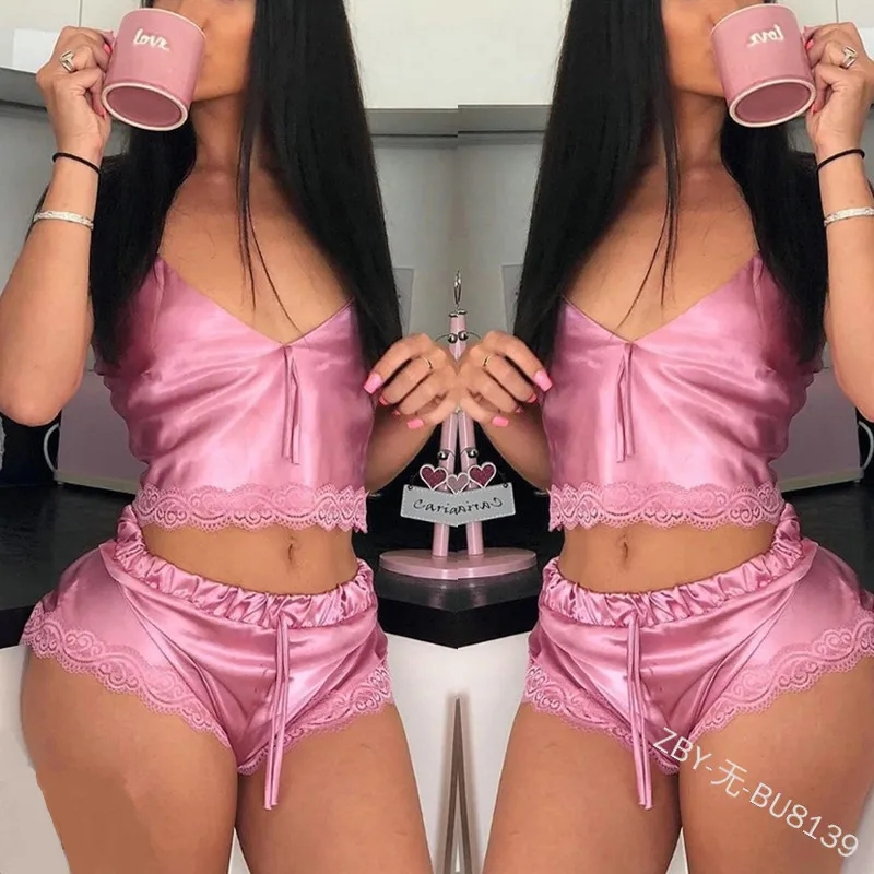 

Fun lingerie, European and American fun set, high elasticity satin home sleepwear in stock, sexy 2-piece set, 8139