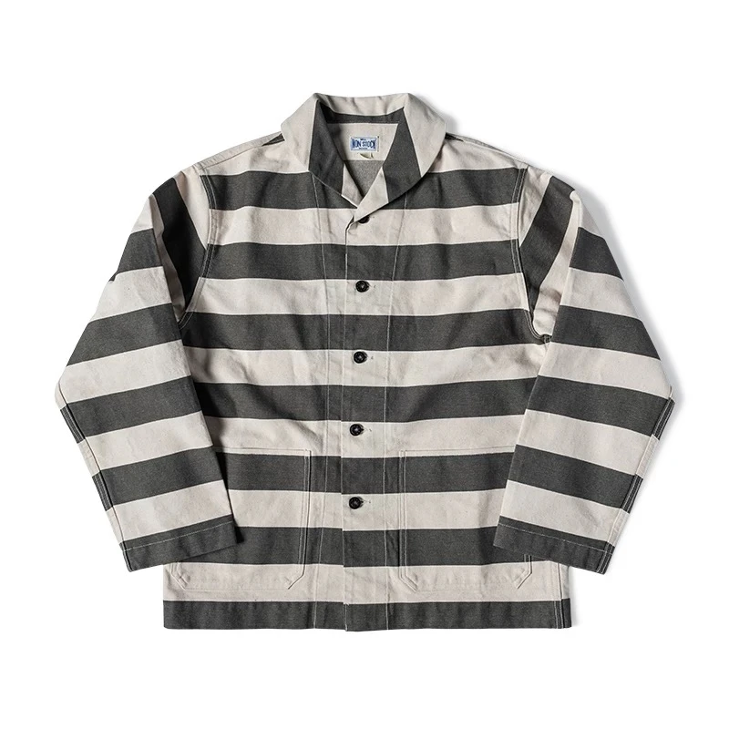 Shawl Collar Prison Stripe Work Jacket Rugged Motorcycle Rider Outerwear