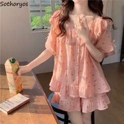 Pajama Sets Women Sweet Floral Princess Summer New Sleepwear Students Homewear Trendy All-match Cozy Design Casual Daily Ulzzang