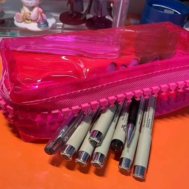 Large Zipper Pencil Case Color Square Large Capacity Student Stationery School Supplies Fluorescent Transparent PVC Storage Bag Pencil Cases