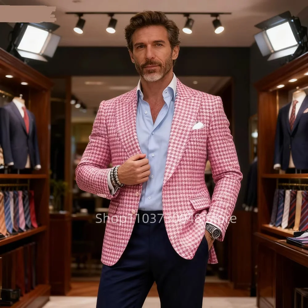 Men's Pink Houndstooth Woolen Blazer Casual Peak Lapel Collar Jacket for Autumn Winter Business Wedding Tuxedos Suits Coat