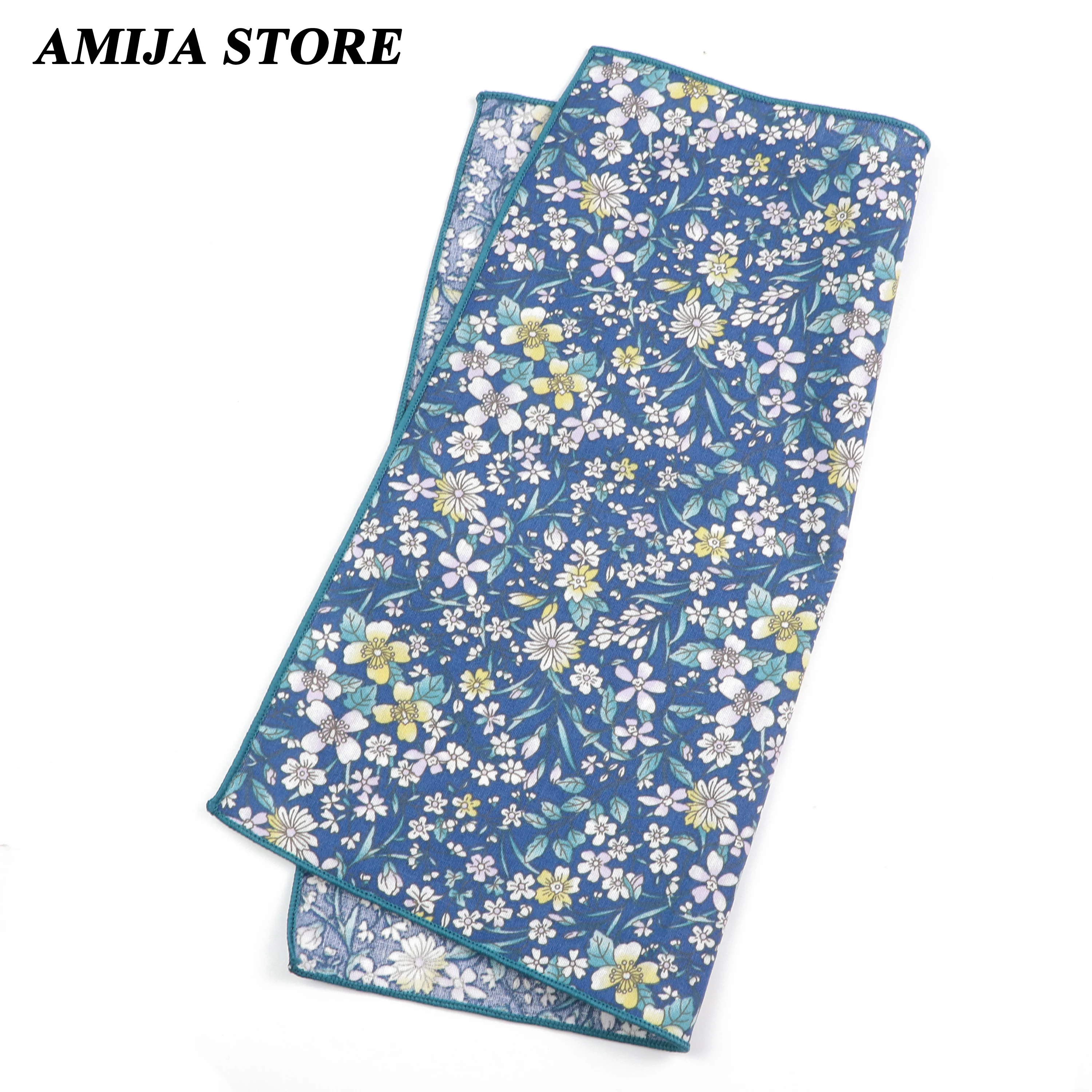 Fashionable Men's Floral Flower Cotton Handkerchief 25cm Green Blue Printed Scarf Shirt Daily Suit Accessories Wedding Gi