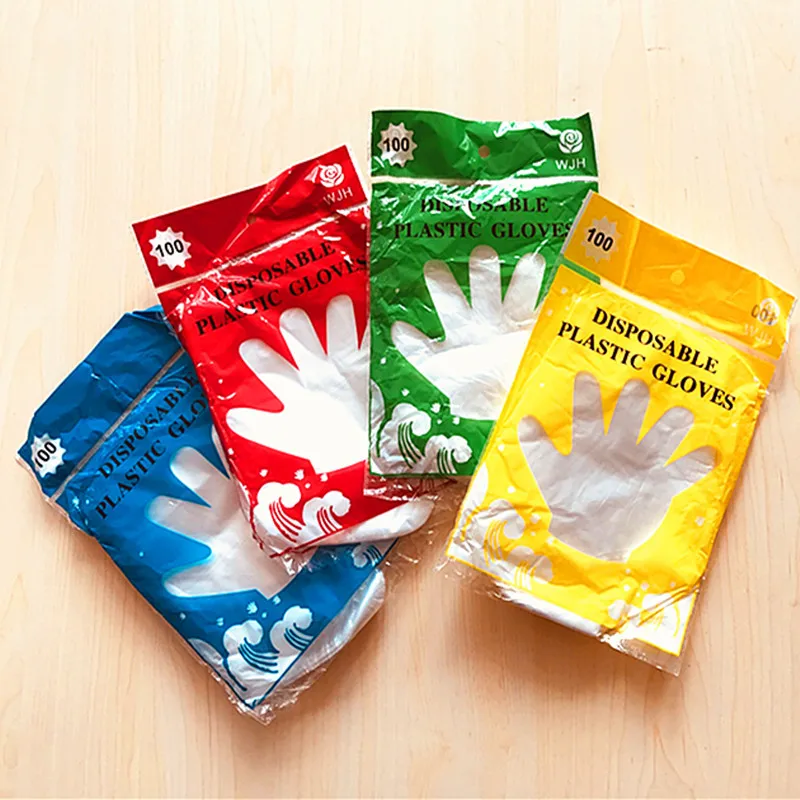One Bag Disposable Transparent PE Gloves Food Grade Sanitary Gloves One Colorful Bag 90-100 PCS S1414