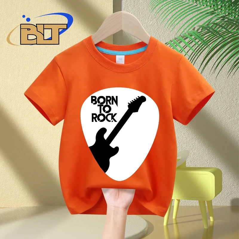 Guitar Born To Rock Printed Kids T-Shirt Summer Children's Cotton Short-Sleeved Casual Tops Boys and Girls Gifts 3