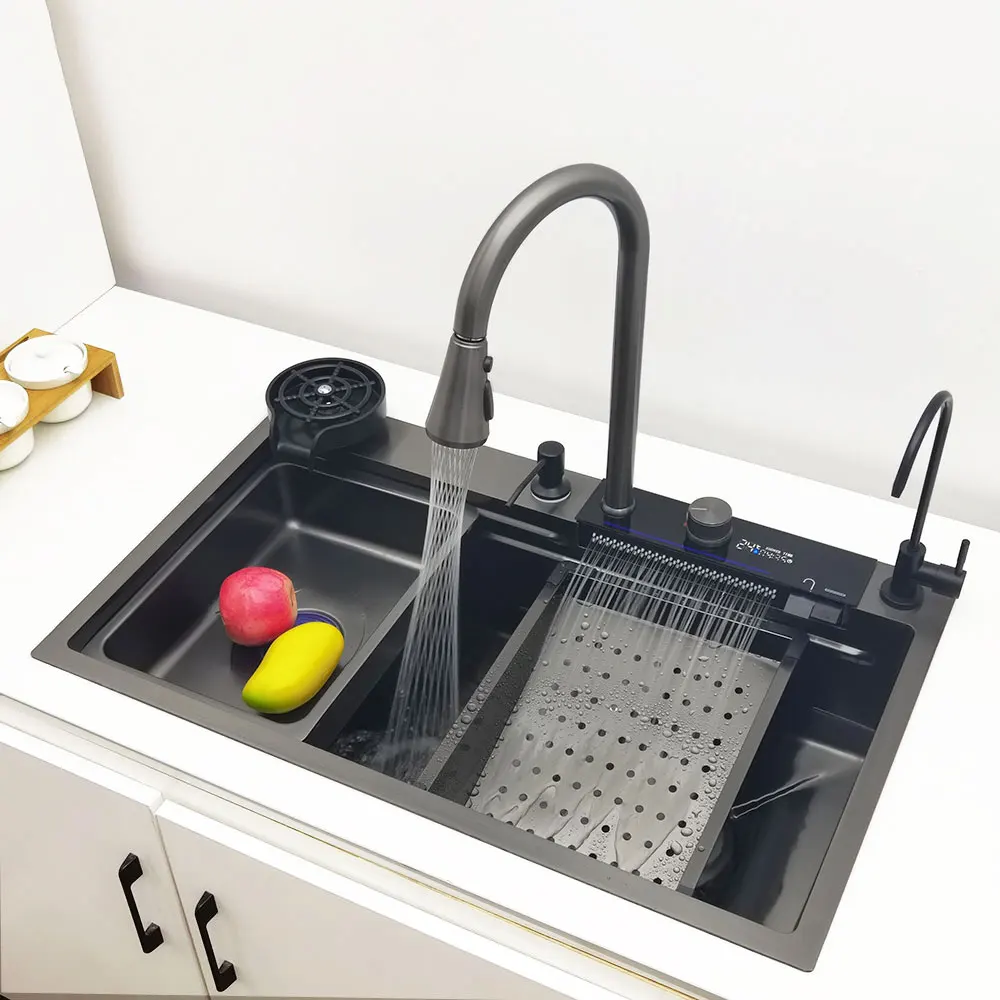 Waterfall Kitchen Sink 304 Stainless Steel Sink Large Single basin With Multifunction LED Waterfall Faucet Above Counter 2