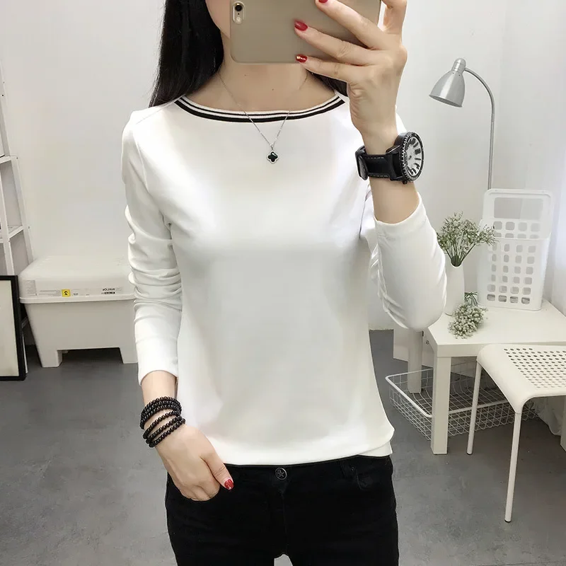 

Korean Fashion Cotton T Shirts For Women White Black Clothes Casual Solid Tops Long Sleeve T-shirts Autumn Loose Tees Ropa Mujer