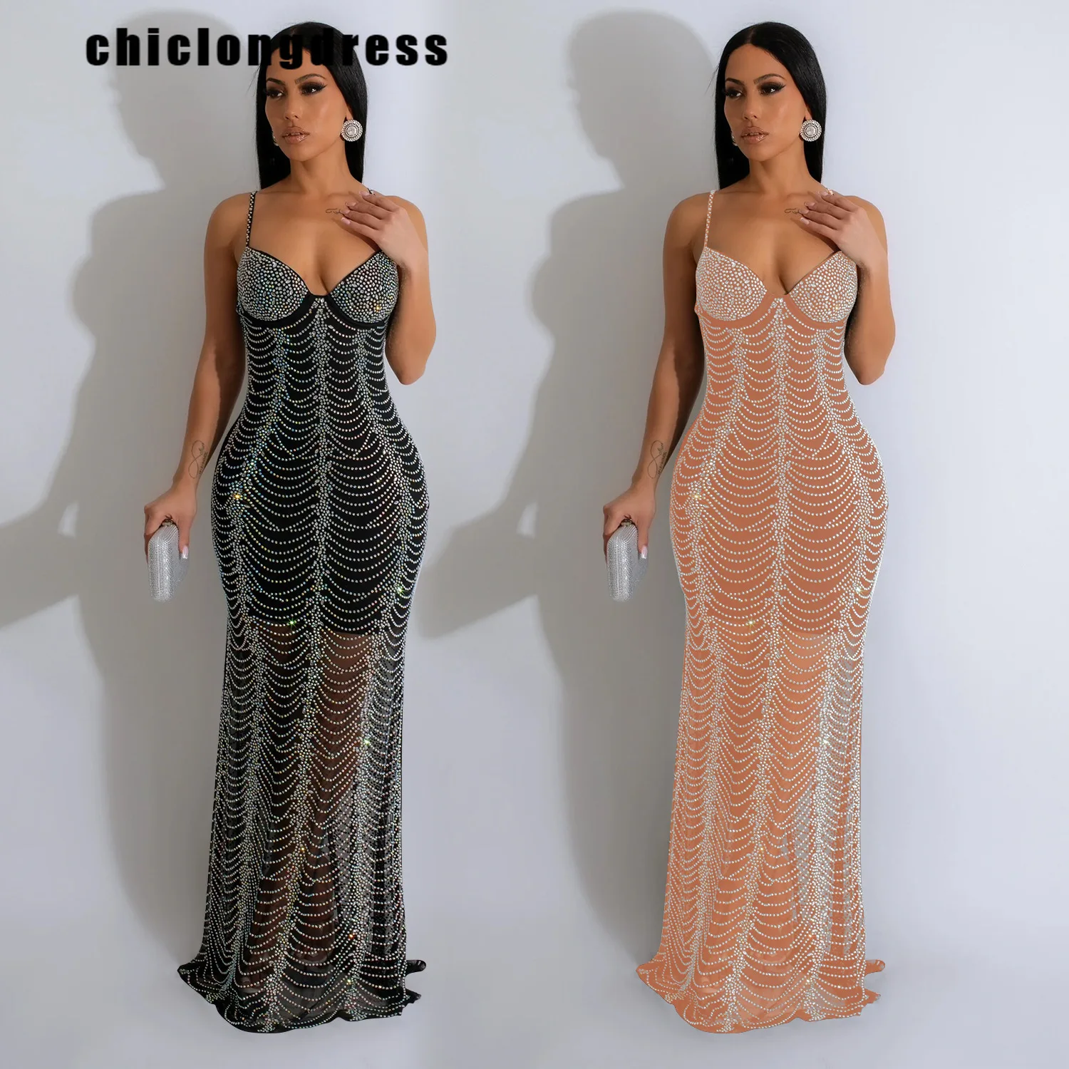 

Summer Sexy Diamond slip Party Evening Dress Women Fashion V Neck Sleeveless Mesh Diamond Party Dress Women