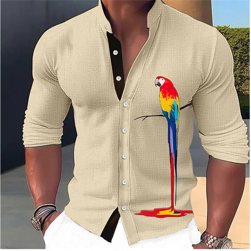 남성용 긴팔 셔츠, 3D 앵무새 패턴, 스탠딩 칼라, 캐주얼 스트리트, 새로운 패션, 탑 디자이너 의류, 여름