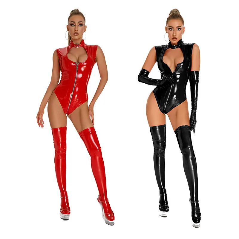 

Sexy Open Crotch Bodysuit For Erotic Crotchless Catsuit Leotard with Socks Breast Exposing Female Wetlook Leather Jumpsuit