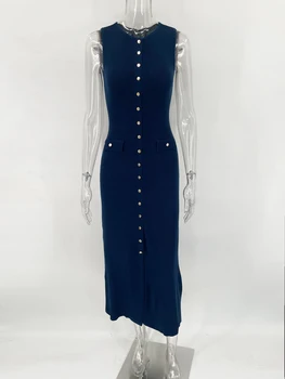 Tossy Knit Ribbed Cardigan Maxi Dress Female High Waist Slim Pocket Sleeveless Elegant Party Dress Women's Knitwear Long Dress 6