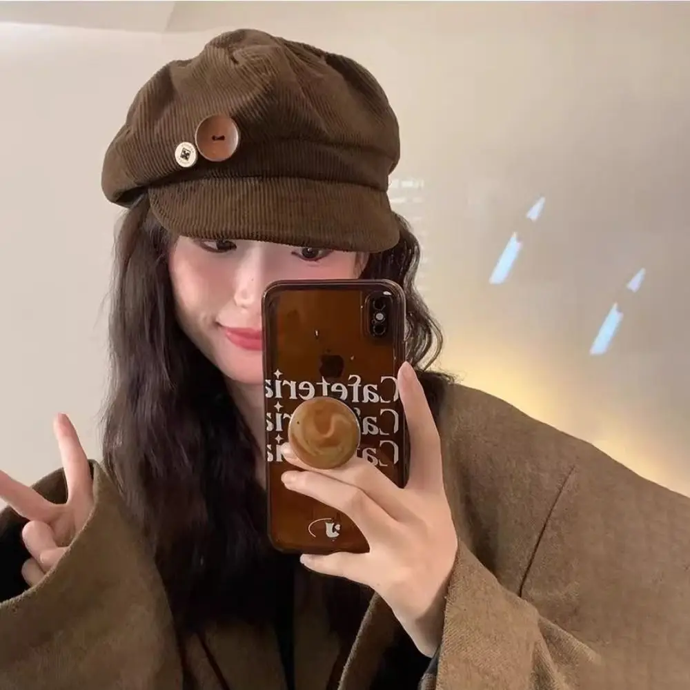 Double Button Decoration Corduroy Baseball Caps Windproof Keep Warm Newspaper Hat Beret Adjustable Autumn Winter Sun Cap Outdoor