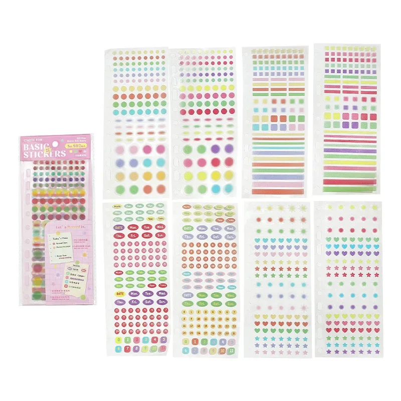 8pcs/set Flash PET Sticker Scrapbook Time Schedule Sticker Journaling Month Week Date DIY Decor Labels Student Diary Supplies