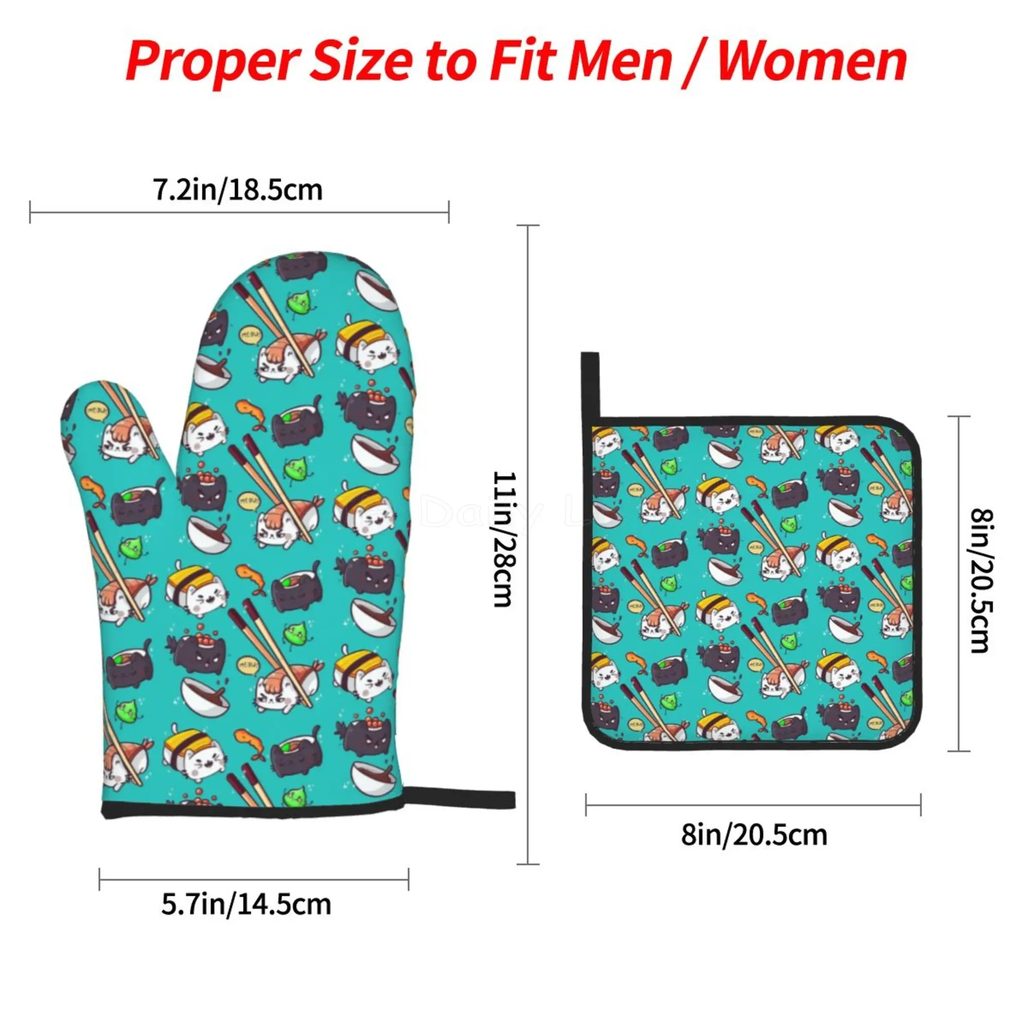 Japanese Anime Food Sushi Cat Oven Mitts and Pot Holders Sets Heat Resistant Non Slip Kitchen Oven Gloves for Cooking BBQ Baking