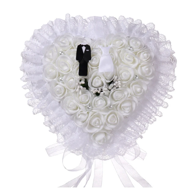 Heart Ring Cushion Holder White Flower Lace Pearl Wedding Ring Bearer Pillow