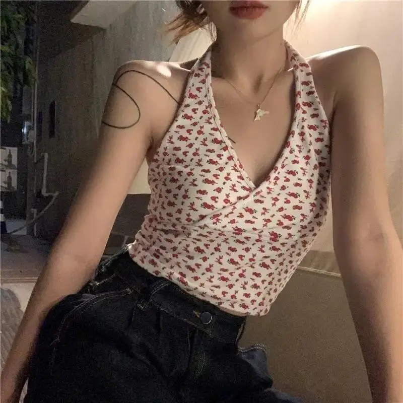 

Floral Halterneck Small Suspender Women's Summer Sexy V-neck Outer Wear Short Hot Girl Vest Top