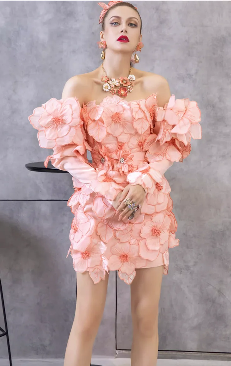 Popular Pink Wrapped Chest Temperament Dress Fashion Flowers Sweet Slim Slim Dress Long Sleeves