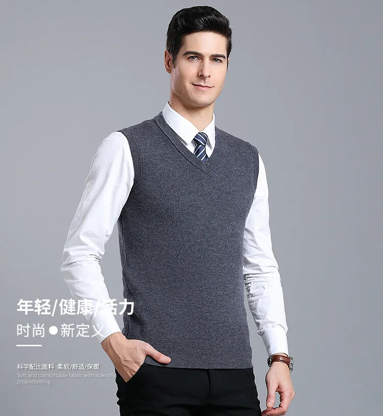 Description Picture 2 of itemMen 100% Super Fine Merino Wool Vest 2024 Spring Pure Cashmere Waistcoat V-Neck Sleevelesss Sweater Vest