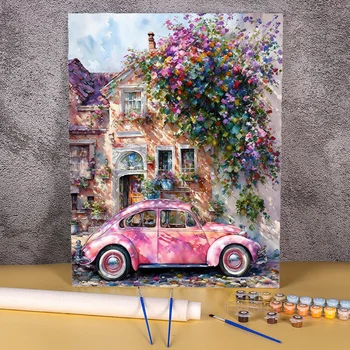 Analyste de peinture de voiture rose par numéros, image de maison de fleurs, cadeau de bricolage, peinture de paysage par numéro sur toile, cadeau peint à la main, décoration d'intérieur 1