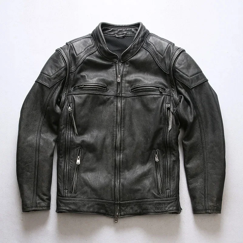 

Spring and autumn models of men's new removable sleeve collar retro old biker can be installed protective leather jacket