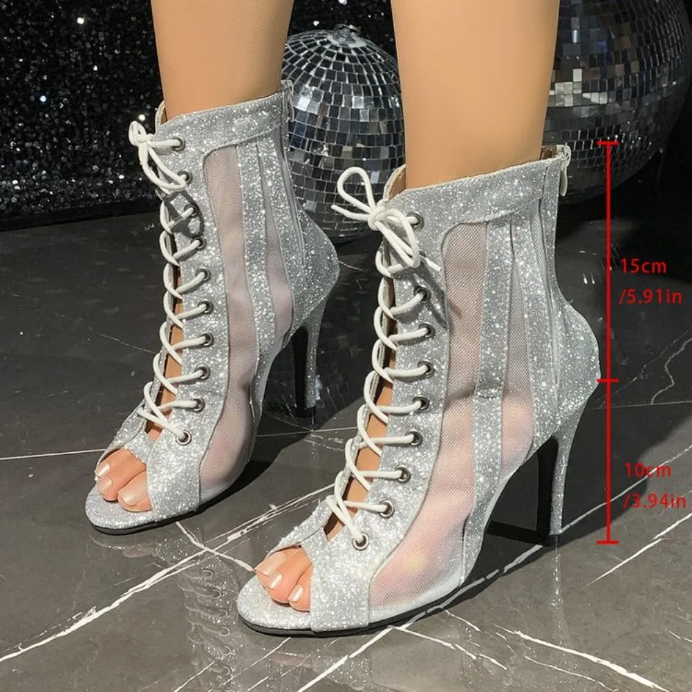 2025 Fashion Round Toe Open Toe Sequin Lace-Up Side Zip Non-Slip High Heel Fish Mouth Shoes Fashion Plus Size Stiletto Sandals