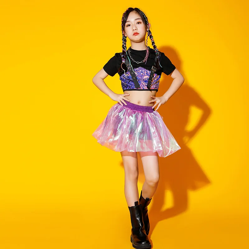 

Grils Sets Sequins Mesh Short Sleeve T-shirt Mini Skirt Kid Jazz Hip Hop Dance Clothing Streetwear Fashion Children Tracksuits