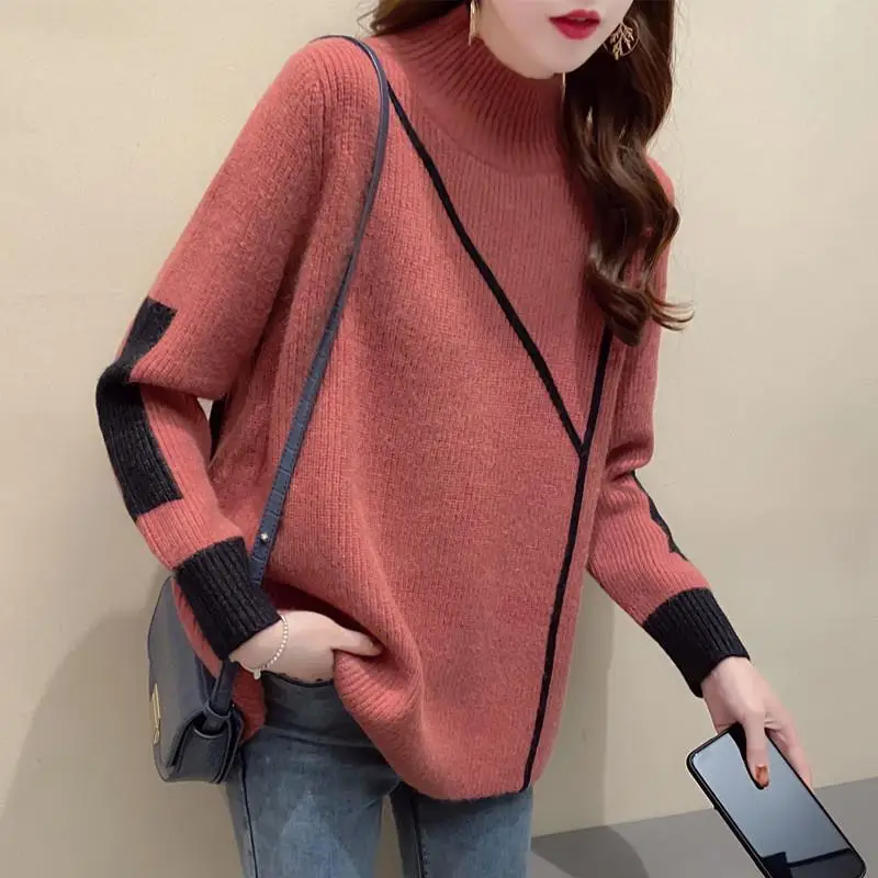 

Fashion Half High Collar Knitted Spliced All-match Sweater Women Clothing 2022 Autumn New Oversized Casual Pullovers Korean Tops