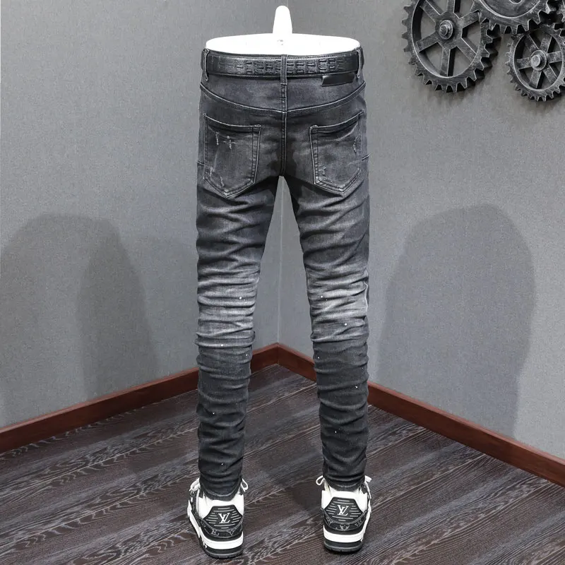 High Street Fashion Men Jeans Retro Black Gray Stretch Skinny Fit Ripped Jeans Men Painted Designer Hip Hop Brand Pants Hombre