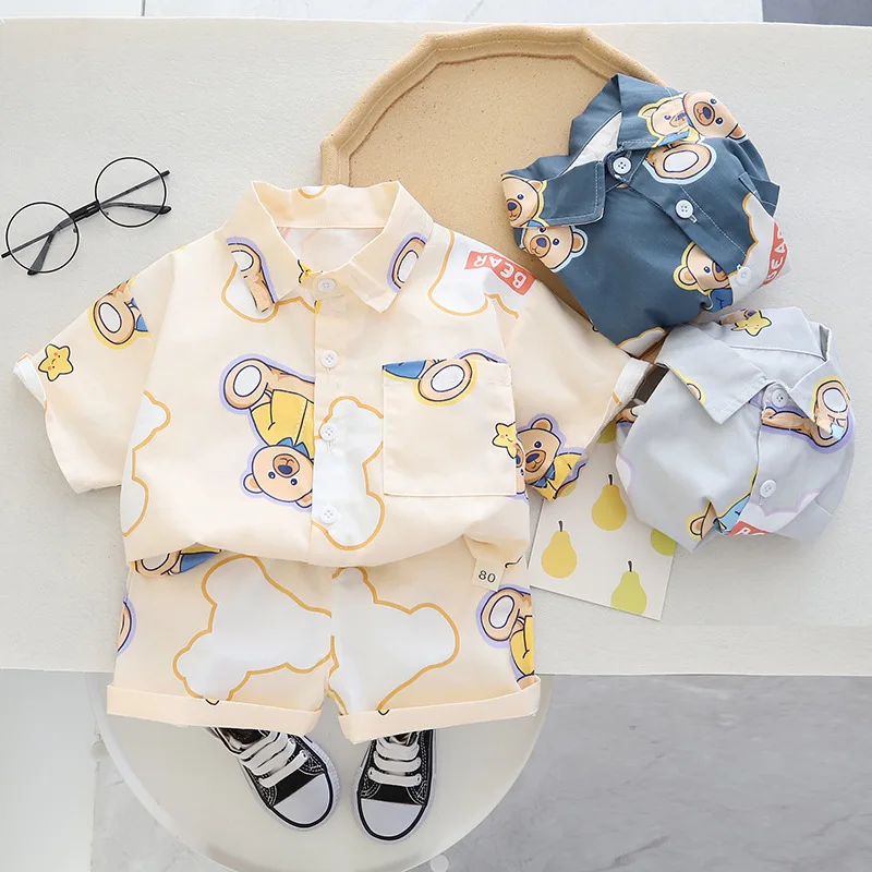 

2023 Korean Summer Children Boy Top And Bottom Loungewear Set Cartoon Bear Short Sleeve Shirt Shorts Suit Infant Boy Outfit Set