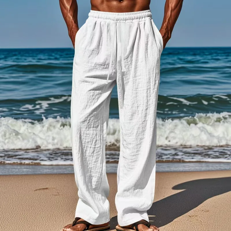Neue Sommer-Herrenhose aus atmungsaktiver reiner Baumwolle und Leinen, locker sitzend, lässig, bequem, sportlich, lange, gerade Leinenhose. – Detail 2