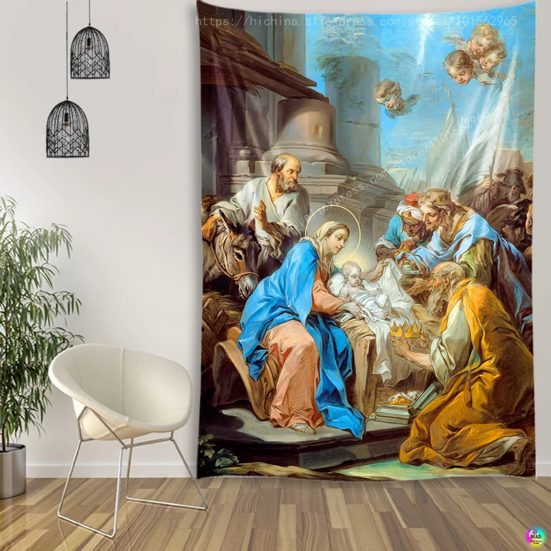 Jesus Geburt Krippen Szene Tapisserie Weihnachten Christus Wand Decor Christian Gläubigen Kluge Männer Wand Hängen Ostern Dekoration – Detail 2