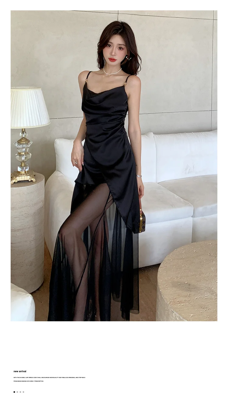 Sexy Black Dresses for Women Summer New Spaghetti Strap Mesh Patchwork Slim Evening Party Dress Prom Robe French Vestidos Mujer