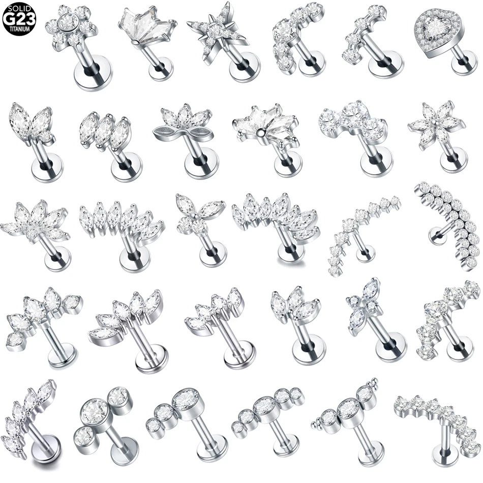 G23 Titanium Labret Ear Tragus Earring Stud Internally Threaded Zircon Lip Rings Cartilage Helix Piercing Body Jewelry 16G 1Pc