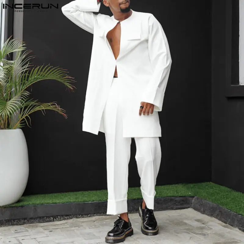 

INCERUN 2023 Men Sets Muslim Clothing V Neck Long Sleeve Kaftan Shirt & Pants 2PCS Loose Solid Color Islamic Arabic Men's Suits