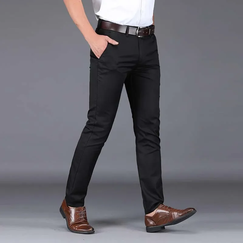 Summer Ultra-thin Mens Ice Silk Casual Pants Soft Comfortable Solid Color Elastic Business Straight Trousers Man Navy Blue Pants