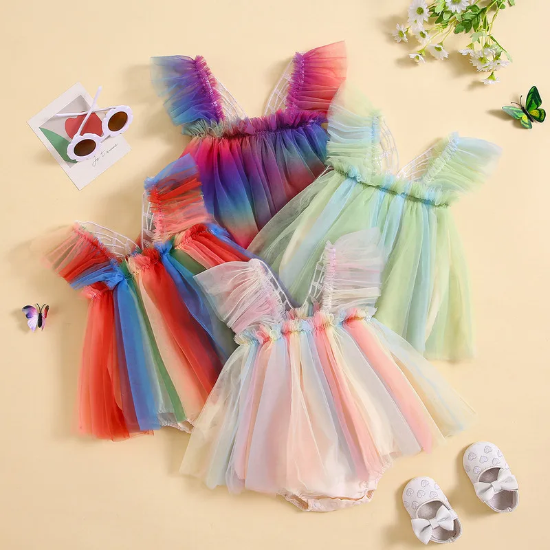 

Newborn Baby Girl Bodysuit Dress Summer Clothes Fly Sleeve Gradient Layered Tulle Tutu Skirt Hem Bowknot Jumpsuits Baby Clothing