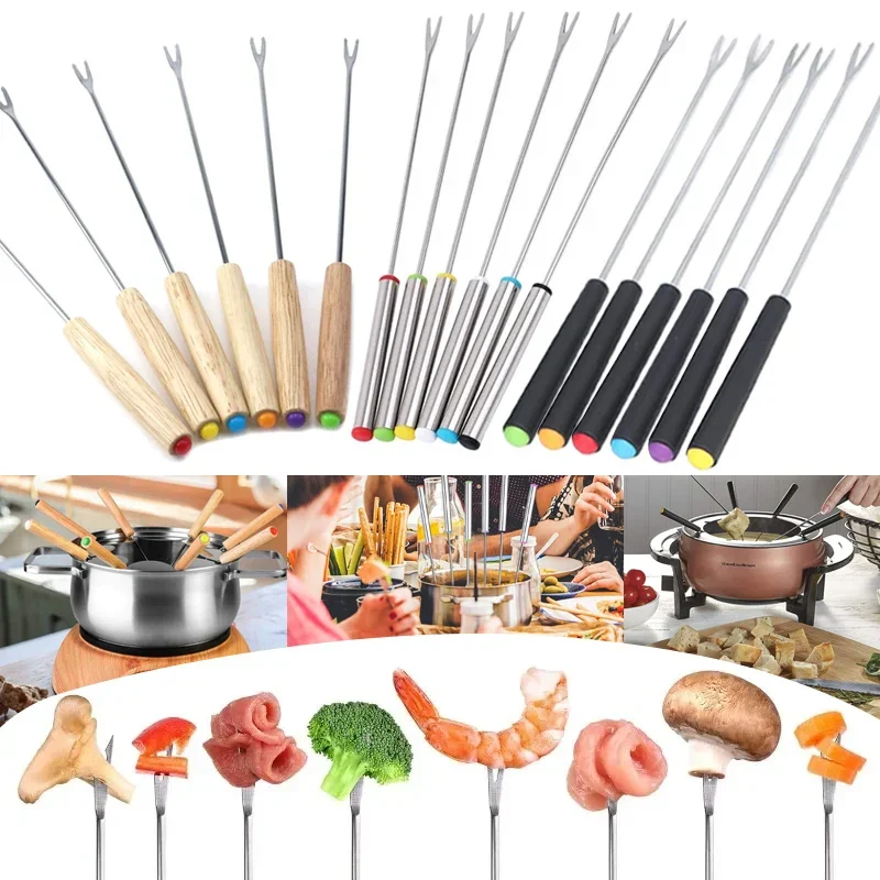 6Pcs/Set 24cm Stainless Steel Hot Pot Forks Chocolate Forks Cheese Fruit Dessert Fork  DIY Fondue Melting Skewer Kitchen Tools