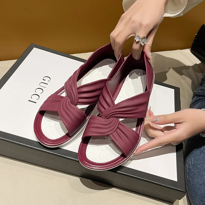 

Сандалии женские в стиле ретро, пляжные шлепанцы на плоской подошве, открытый носок, Повседневная Уличная обувь, красные, лето 2023