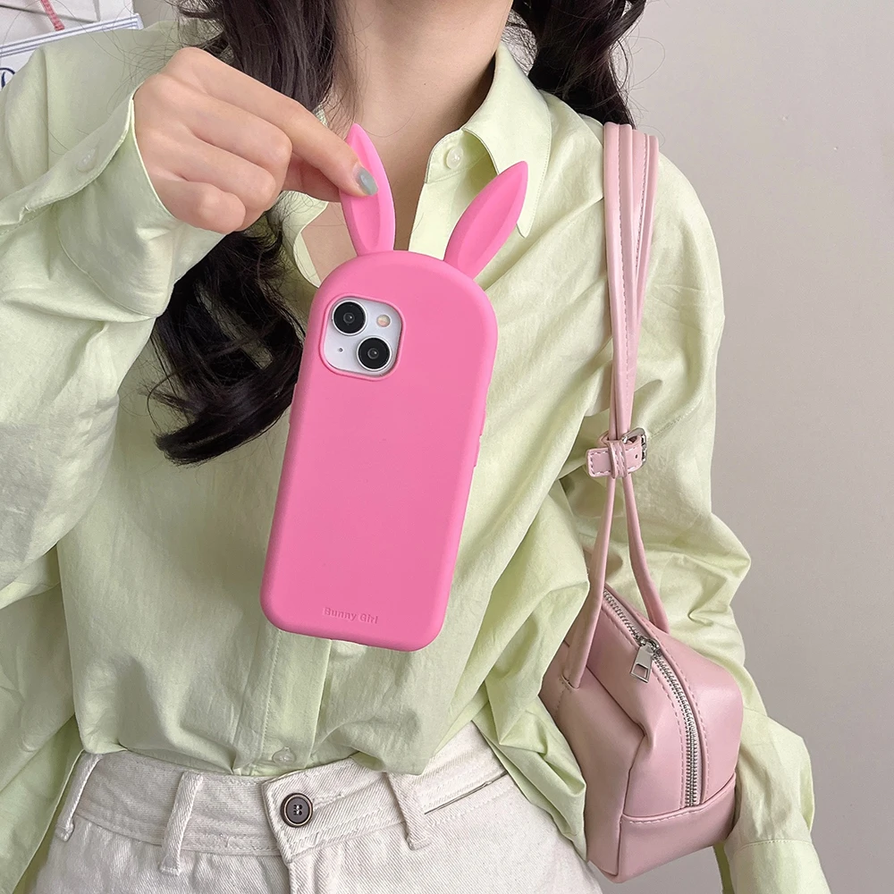 Cute 3D Cartoon Bunny Ear Phone Case - Funny Shockproof Soft Silicone Cover