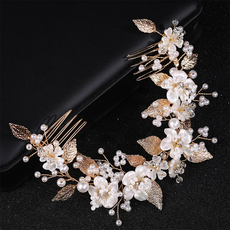 Handmade Ceramic Pearl Flower Leaf Decoration Bridal Wedding Hair Accessories Double Hair Combs