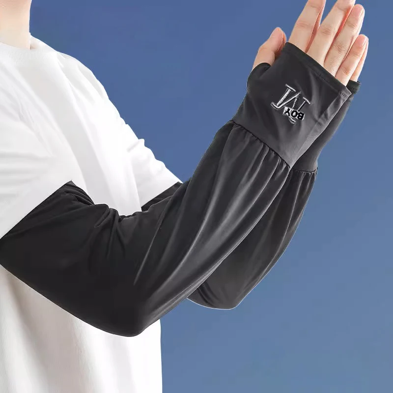 Men Sun Protection Sleeves Summer UV Protection Embroidered Loose Fingerless Arm Sleeves for Outdoor Driving Riding Fishing