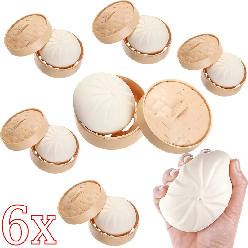 

6pcs Steamed Stuffed Bun with Simulation Steamer Soft Decompress Fidgets Anti Stress Relief Squeeze Toy for Adults Kids