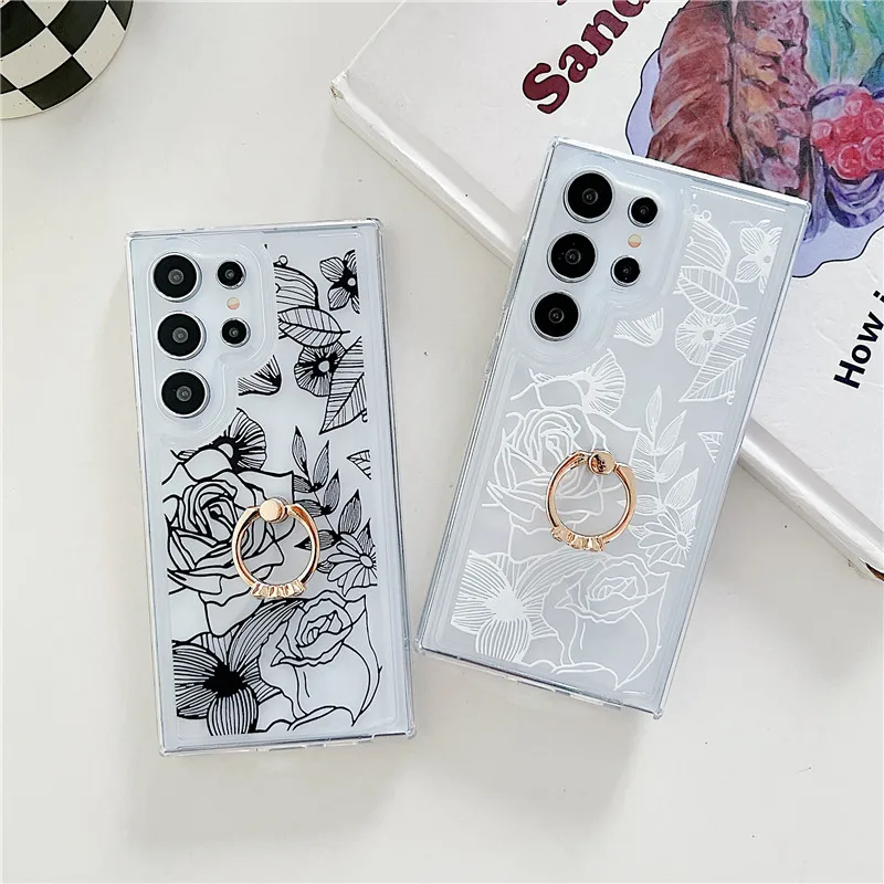 Bloem Ring Telefoon Houder Clear Case voor Samsung A55 S24 Ultra S23 S22 S21 S20 FE Note 20 A15 25 35 14 24 34 54 53 32 52_voghion.com