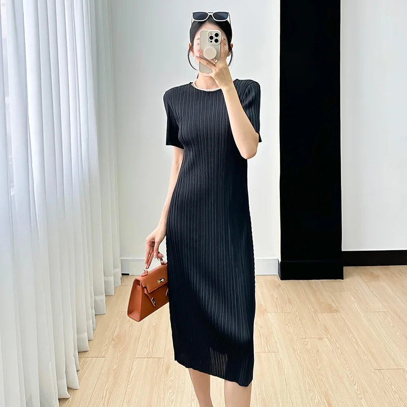 

Miyake Original Dress Female Summer New High-end Gentle Temperament Ageing Pleated Round Neck Slim Thin Skirt Women Clothing