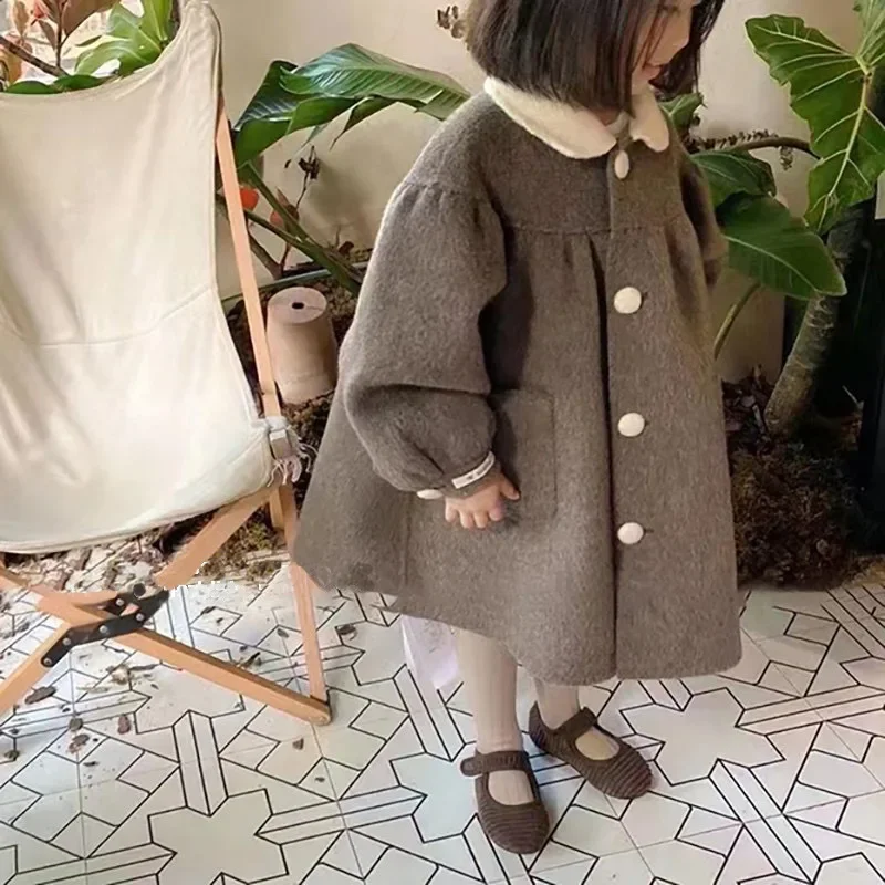 Wool Girl Woolen Fabric Loose Coat Winter Korean Turn Down Collar Middle Length Overcoat Fashion Pleated girls winter coat