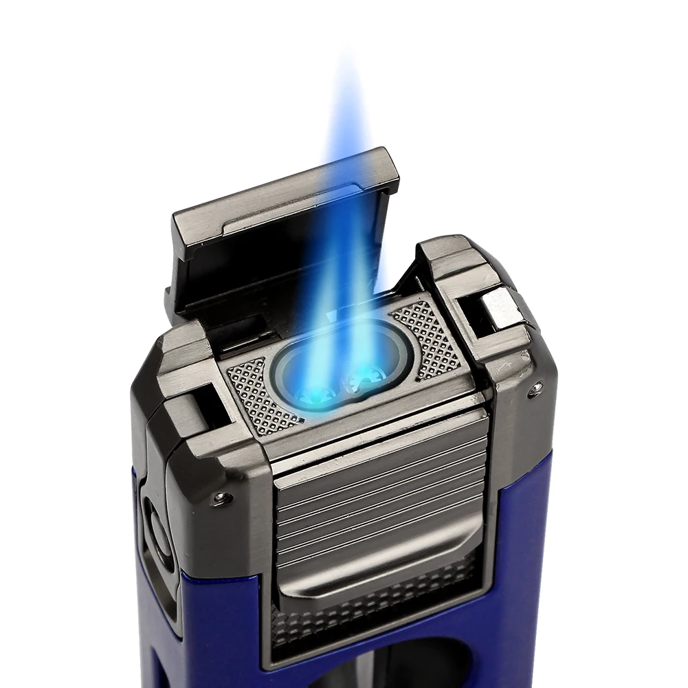 LUBINSKI 2 Torch Lighter Portable Metal V Cutter Cigar Lighter Butane Gas Jet Blue Flame Needles Punch Cigar Lighters