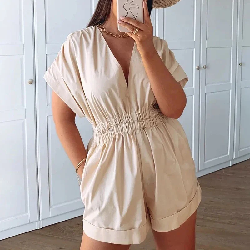 2021 Women Apricot Playsuits Chic Lady Casual Summer Fashion Y2k Pleated Solid Beach Loose Elastic High Waist Short Jumpsuits